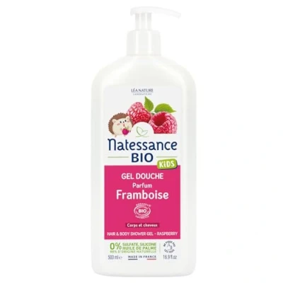 Obrázek Natessance Sprchový gel pro tělo a vlasy děti malina certifikovaná Bio Cosmos Organic láhev 100% rostlinná 500 ml