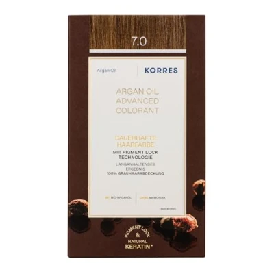 Obrázek KORRES Argan Oil Colorant barva na vlasy bez amoniaku střední blond 7. 0 100% zakrytí šedin a veganská pro dlouhotrvající barevný výsledek