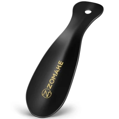 Obrázek ZOMAKE Mini lžíce na boty malá kovová krátké nazouváky bot ušlechtilá ocel Shoe Horn 19 cm, s držákem stěnu (černá)