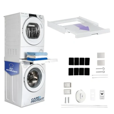 Obrázek Univerzální mezitrubový rám CARE+PROTECT s výsuvným dnem pro pračky a sušičky, vhodný přístroje hloubkou 4762 cm, šetří místo, bílý, hranatá přední strana