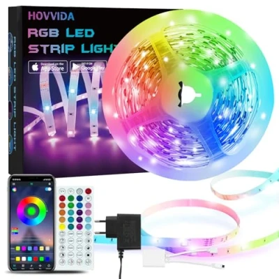 Obrázek HOVVIDA LED pásek 5 m, 30 LED/metr, 150 LED, RGB pásky, aplikace a dálkové ovládání, hudební režim, režim načasování, do pokoje, obývacího kuchyně, ložnice, baru, party