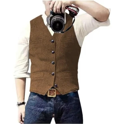 Obrázek Solovedress Pánská Casual vlna vzor rybí kosti oblek vesta s výstřihem do V Tvídová na svatbu Groomsmen, Hnědá