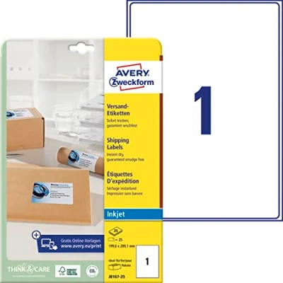 Obrázek AVERY Zweckform J8167 25 Dopravní etikety/expediční nálepky (25 etiket, 199,6 x 289,1 mm na A4, lze potisknout, samolepicí, pro inkoustové tiskárny, balíky a balíky) listů, bílá