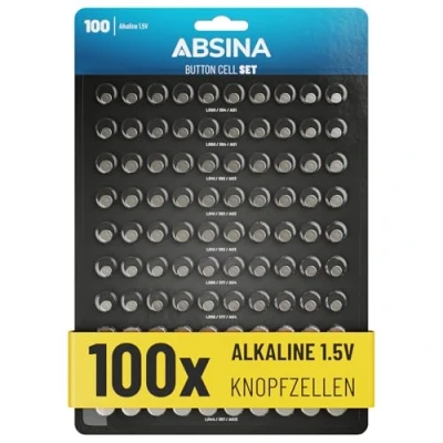 Obrázek ABSINA Balení 100 ks alkalických knoflíkových článků sortiment 20x AG1 / 30x AG3 AG4 AG10 10x AG13 1,5V akumulátor zabezpečený proti vytečení sada smíšená,