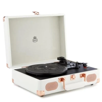 Obrázek GPO SOHO Retro Kofferplattenspieler mit eingebautem Stereolautsprecher, Weiß, Rose Gold