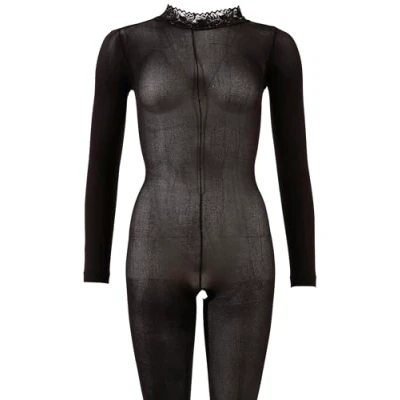 Obrázek Mandy Mystery Lingerie Catsuit ouvert svůdný overal pro Vás, přiléhavý dlouhý rukáv jednodílný celotělový díl s otevřeným rozkrokem, černý