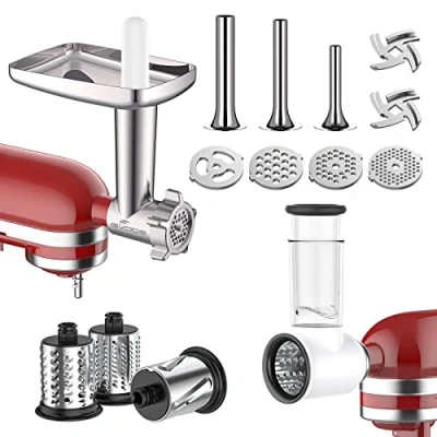 Obrázek GVODE Fleischwolf Aufsatz für kitchenaid Zubehör, &amp; Slicer Shredder Zubehör umfasst Metall mit Wurstfüller Tubesand Set