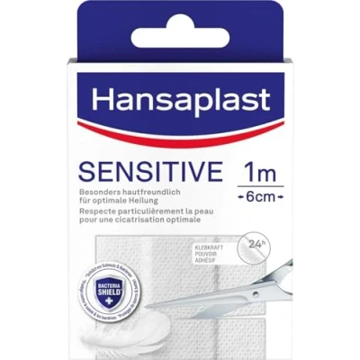 Obrázek Hansaplast Citlivá náplast (1 m x 6 cm), lze zastřihnout na rány a k pokožce příjemné kůži s bacteria Shield &amp; bezpečná přilnavost, bezbolestně odstranitelná