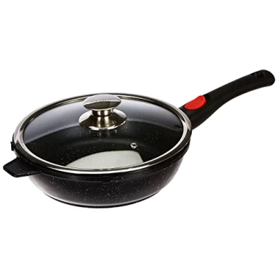 Obrázek Kamberg 0008026 Schwenkpfanne 24 cm Abnehmbarer Griff Aluminiumguss Beschichtung in Steinoptik Mit Glasdeckel Für alle Herdarten, auch Induktion PFOA‑frei, Schwarz