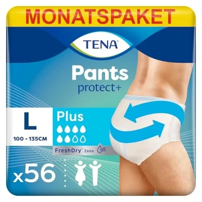 Obrázek TENA Pants Plus 56 kalhot v měsíčním balení (4 x 14 kusů) jednorázové kalhoty pro ženy a muže prodyšné unisex inkontinenční kalhotky při slabosti močového měchýře inkontinenci moči bílé,