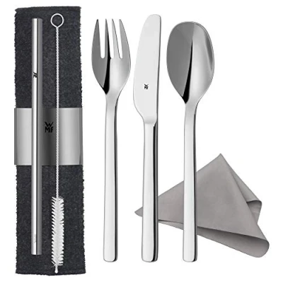 Obrázek WMF my2Go, ušlechtilá ocel, sada příborů 8dílná, outdoorový cestovní příbor pro 1 osobu, kempinkový s pouzdrem, turistický ekologický, slámka, čisticí kartáč, dárek