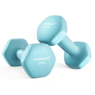 Obrázek SONGMICS Činky, sada 2 ks, x kg, činek, krátké činky, hexagon, neoprenová povrchová úprava, silový trénink, cvičení, fitness pro domácnost, světle modrá SYL904Q01