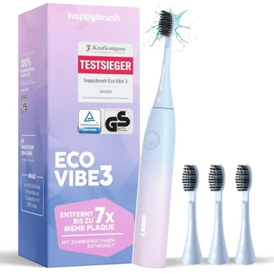 Obrázek happybrush Elektrický zubní kartáček ECO VIBE Sunrise [vítěz testu] startovací sada sonický s nabíječkou 6 týdnů vč. 3 nástrčných kartáčků pastelových odstínů