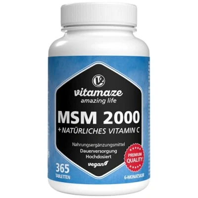 Obrázek MSM 2000 mg + přírodní vitamin C, 365 veganských tablet na 6 měsíců, vysoká dávka, 99,9% čistého methylsulfonylmethanu, doplněk stravy bez přísad, vyrobeno v Německu
