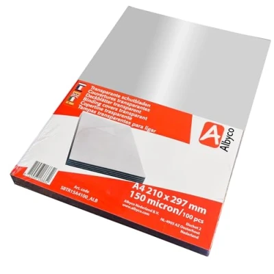 Obrázek Albyco Průhledný titulní list, PVC listy, vazba víko, transparentní PVC, formát A4 210 x 297 mm, 0,15 mm/150 mikron, lesklý, na 100 kusů