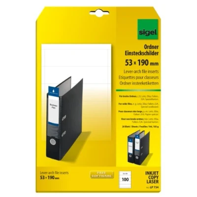 Obrázek SIGEL LP734 zásuvný štítek široký (A4, 100 kusů, 53 x 190 mm) 20 listů bílý