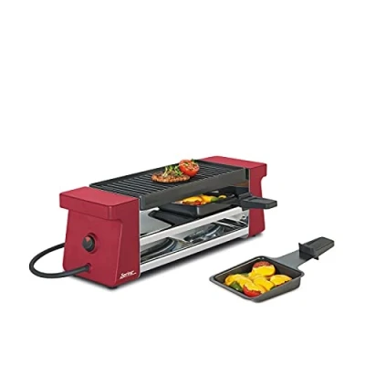 Obrázek Spring raclette Complex pro 2 osoby, červený, elektrický stolní gril, hliníková grilovací deska s nepřilnavým povrchem, pánvičky a špachtle, odkládací plocha, 34,5 x 10,5 11,5 cm, 400 W,