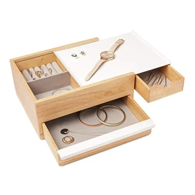 Obrázek Umbra Stowit Design Jewelery Box moderní šperkovnice s tajnými přihrádkami na prsteny, náramky, hodinky, náhrdelníky, náušnice a doplňky, dřevo / kov, bílá příroda t