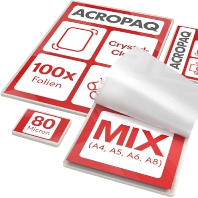 Obrázek ACROPAQ Laminierfolien MIX 80 mic, 100 Stück (A4, A5, A6, je 20 Stück, A8 Visitenkartenformat, 40 Stück), Glaenzend, Premium Qualität, Abgerundete Ecken, Geeignet für Fotos und Hinweise 18023