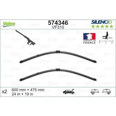 Obrázek VALEO Silencio stěrače VF310 výkonný, vynikající výhled na silnici, jednoduchá montáž originální ploché listy 600 mm/475 mm přední sada se 2 574346
