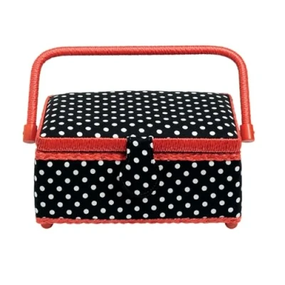 Obrázek Prym Black &amp; White Polka Dot Fabric with Red Trim Sewing Basket Small, Cotton, 24x16x11 cm