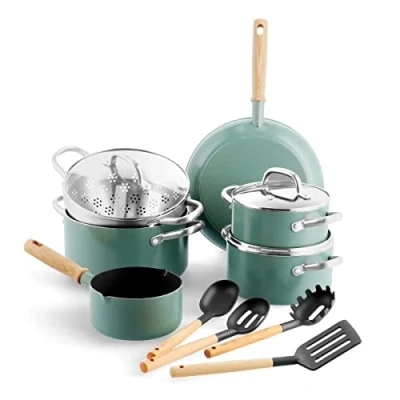 Obrázek GreenPan Mayflower Gesundes keramisches Antihaft Kochgeschirr Topf und Pfannenset, 13 teilig, Einschließlich Bratpfannen, Suppentöpfe, Stielkasserolle, Vintage Holzgriff,PFAS frei,Induktion,Rauchblau