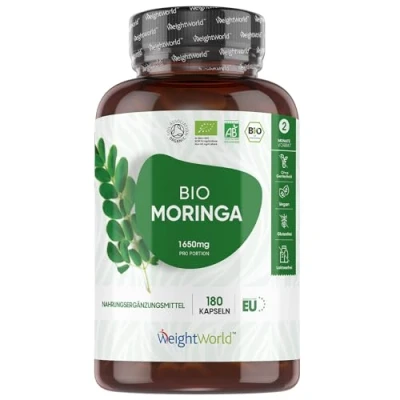 Obrázek Bio Moringa kapsle 1650mg Oleifera prášek 180 veganských kapslí na 2 měsíce Certifikované Superfood 3 denně testované přísady, bez přísad a genetické techniky WeightWorld