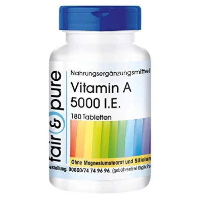 Obrázek Fair &amp; Pure® Vitamín A 5000 I.U (1500 µg) 180 tablet retinylacetát veganský bez stearátu hořečnatého