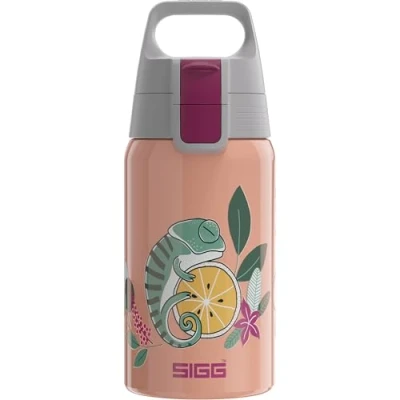 Obrázek SIGG Nerezová láhev na pití pro děti Shield One Flora vhodná sycené nápoje zabezpečená proti protékání lehká jako pírko bez BPA růžová s potiskem Chameleon 0,5 l