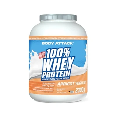 Obrázek Body Attack 100% Whey Protein Apricot Yoghurt, 2,3 kg Made in Germany extra krémový proteinový prášek s hydrolyzátem a BCAA&#039;s, podporuje růst svalů diety pro sportovce atlety