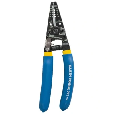 Obrázek Klein Tools 11055 Gebogene Abisolierzange/Drahtschneider, blau mit gelben Streifen, 10 20 ga., 18 AWG massiv, 12 AWG, verseilt