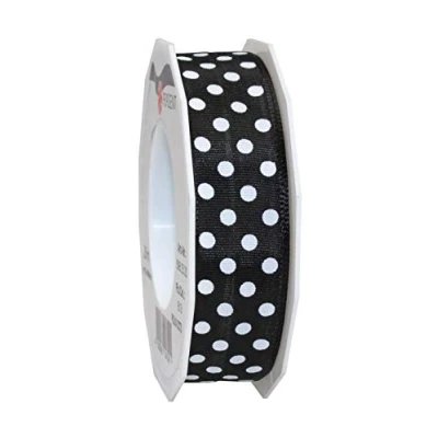 Obrázek PRÄSENT Polka DOTS Band mit Drahtkante schwarz/weiß, 20 m gepunktetes Dekoband, 25 mm Breite, leicht biegsames Schleifenband zum Dekorieren &amp; Basteln, für besondere Anlässe