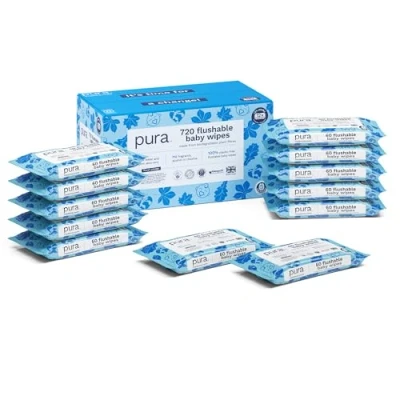 Obrázek Pura Omyvatelné ekologické dětské vlhčené ubrousky pro citlivou pokožku miminek, 720 ubrousků (12 x 60 ubrousků), měsíční box, 99 % vody, 100% bez plastů, citlivou, k ekzémům, biologicky