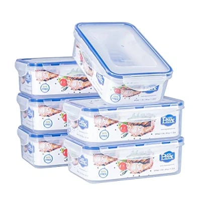 Obrázek EASYLOCK 6 ks plastových dóz na uchovávání potravin 1150 ml, sada s víkem, boxy přípravu potravin, úložný box do kuchyně, nádobí mikrovlnné trouby, nádoba potraviny, obdélníkové mrazicí dózy,