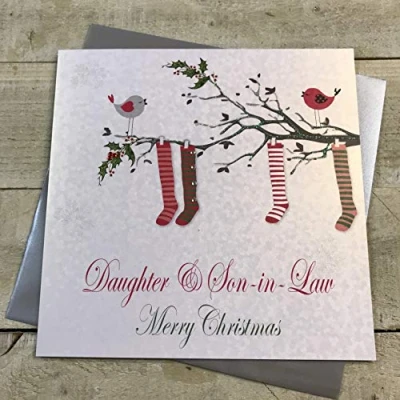 Obrázek WHITE COTTON CARDS Tochter und Schwiegersohn Merry Christmas Weihnachtskarten in Strümpfe Design