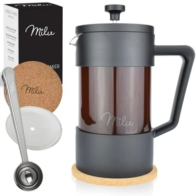 Obrázek Milu Kávovar French Press 350 ml, 600 1 l skleněný lis na kávu, příprava kávy pro domácí cestování, kempování vč. podšálku, lžíce, náhradního filtru (černá, ml (2 šálky)