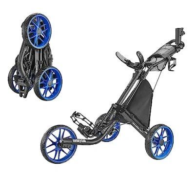 Obrázek CaddyTek EZ Tour Quickfold Deluxe 3kolový golfový vozík Golfcaddy kompletní s chladicí taškou model 2020 (černá modrá)