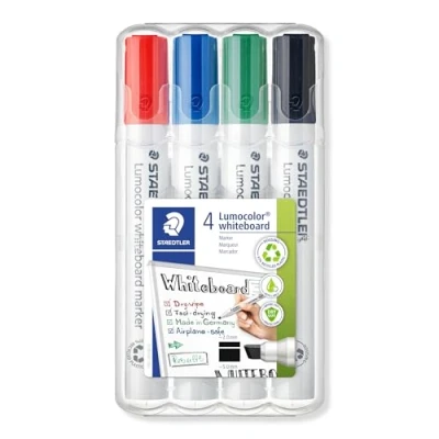 Obrázek STAEDTLER Popisovač na bílou tabuli Lumocolor, suchý a beze zbytku omyvatelný, klínový hrot cca 2 nebo 5 mm, vysoká kvalita Made in Germany, sada se 4 barvami, 351 B WP4
