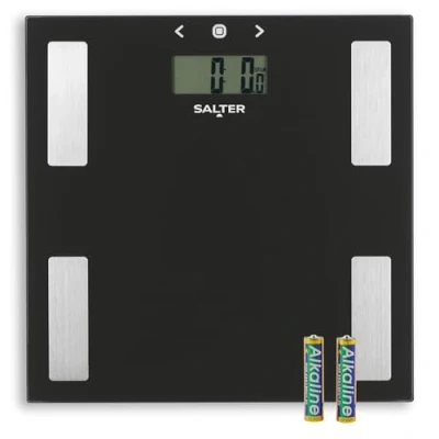 Obrázek Salter 9150 BK3R Digitální osobní váha analýza těla, tělesné hmotnosti ze skla, měří hmotnost BMI, tělesný tuk/voda, ultra tenká váha, dobře čitelný displej, 8 uživatelů, funkce kroku