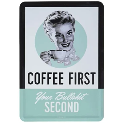 Obrázek Nostalgic Art Retro plechová pohlednice, 10 x 14 cm, Coffee First nápad na dárek pro fanoušky nostalgie, pohlednice z kovu, mini plechový štítek jako blahopřání