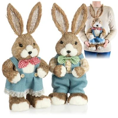 Obrázek com four® 2x XL sláma velikonoční zajíc ručně vyrobený 42 cm Dekorativní k dekoraci figurky slámy na Velikonoce Dekorační ze vyrobené