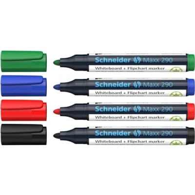 Obrázek Schneider Maxx 290 Marker (pro bílé tabule a flipcharty, kulatý hrot 23 mm tloušťka čáry, beze zbytku setřít za sucha, vysoká kvalita, silné intenzivní barvy) pouzdro se 4 barvami