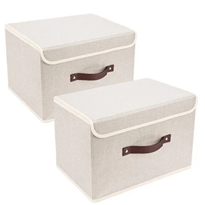 Obrázek TYEERS Faltbare Aufbewahrungsbox mit Deckel, Stoff, Waschbare, Kisten Aufbewahrung 38x25x25 cm, 2 Stück, Beige