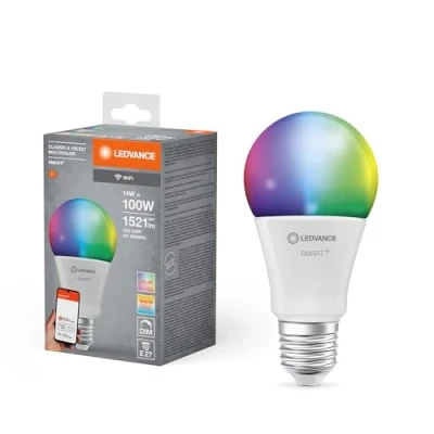 Obrázek LEDVANCE E27 LED žárovka Wifi, ve tvaru žárovky 14 W (1521 lumenů) nahrazuje 100W žárovku, stmívatelná, RGBW barva světla (2700 6500 K), kompatibilní s Alexa, google nebo aplikace, v
