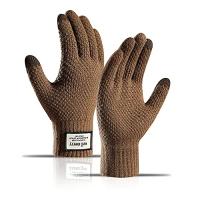Obrázek BSLVWG Winter Touchscreen Handschuhe für Herren, rutschfest, Thermo Handschuhe, gestrickt, verdickt, elastisch, winddicht, warmes Flusenfutter zum Fahren, Laufen, Sport, Tippen, khaki, L