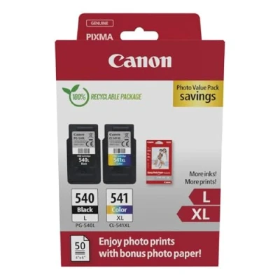 Obrázek Canon PG540 L CL541 XL výhodné balení 2 inkoustové patrony větší dosah L/LX (černý L, barva XL) originál +50 listů 10 x 15 cm Photo Paper [Ekologický recyklovaný kartonový obal 2024]