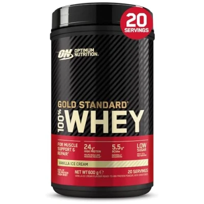 Obrázek Optimum Nutrition Gold Standard 100% syrovátkový proteinový prášek pro růst a regeneraci svalů s přirozeně se vyskytujícím glutaminem aminokyselinami BCAA, vanilkový ledový krém, 20 porcí, 600 g