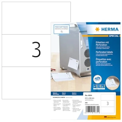 Obrázek HERMA 4664 perforované etikety, 100 listů, 210 x 99 mm, 3 na arch A4, 300 kusů, samolepicí, lze potisknout, matné, prázdné papírové lepicí etikety s perforovanými dělicími liniemi, bílé