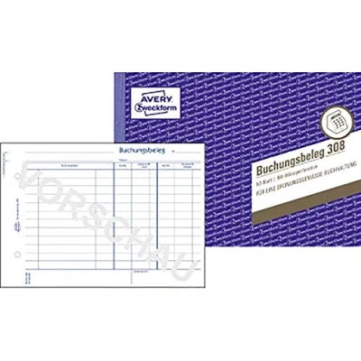 Obrázek AVERY Zweckform 308 rezervačních dokladů (A5quer, mikroperforovaný, testováno právními experty, pro Německo účtování bez účtů, s T účtem, rezervační text vč. řádku podpisu, 50 listů) bílý