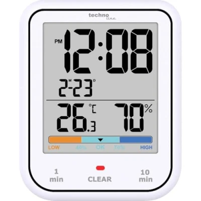 Obrázek Technoline WT380 Digitální koupelnové hodiny s vlhkoměrem a teploměrem vodotěsné Sprchový časovač funkce odpočítávání velký LCD displej ukazatelem data bílý